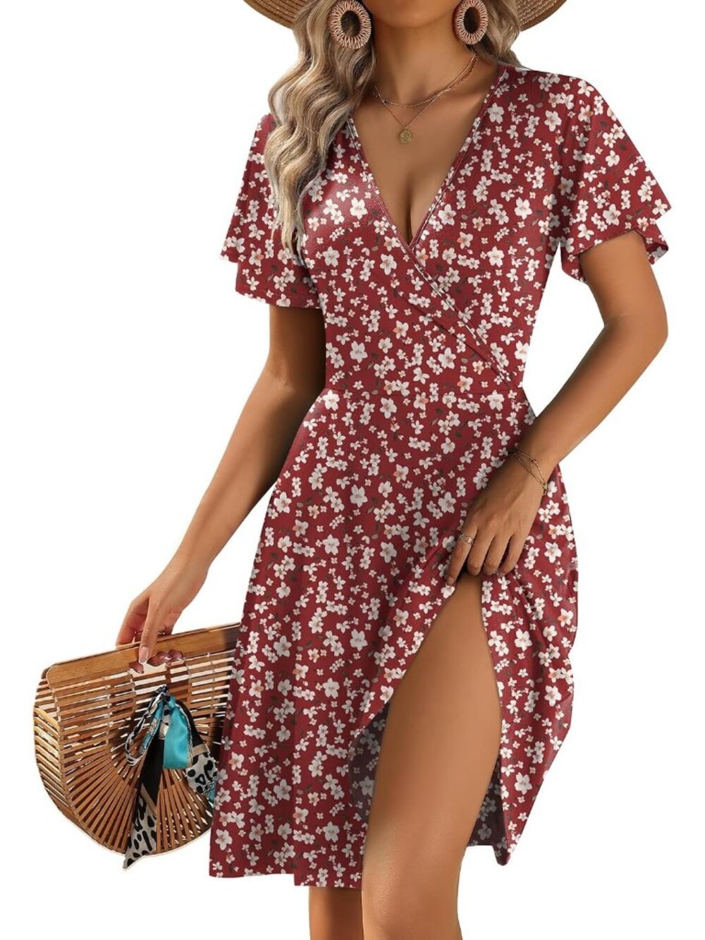 〽️Women’s Red Floral Summer Sundress V Neck Ruffle Sleeve Pocket Dress